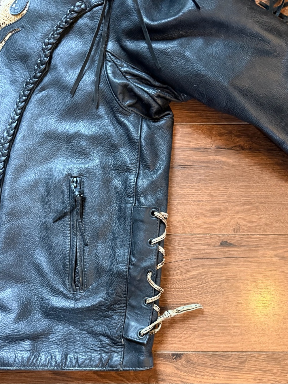 Men's Black Leather Fringe Jacket with Snake Flame Accents - Picture 3 of 13